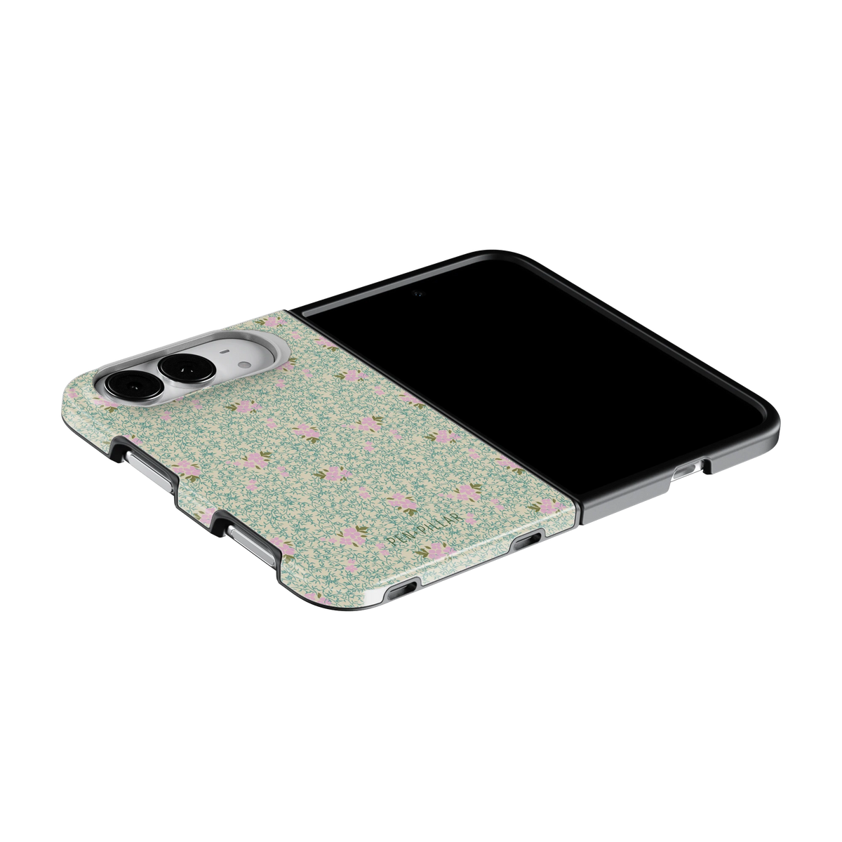 Vine+Bloom iPhone 18 Duo case on an iPhone 18 Duo lying flat, unfolded