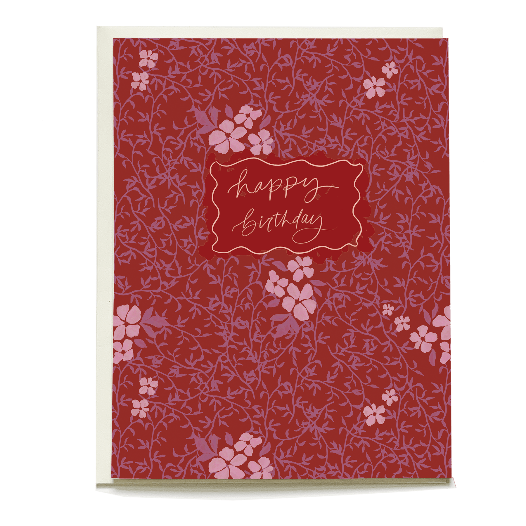 Vine+Bloom birthday card featuring a red floral design with the text "happy birthday" in a decorative frame.