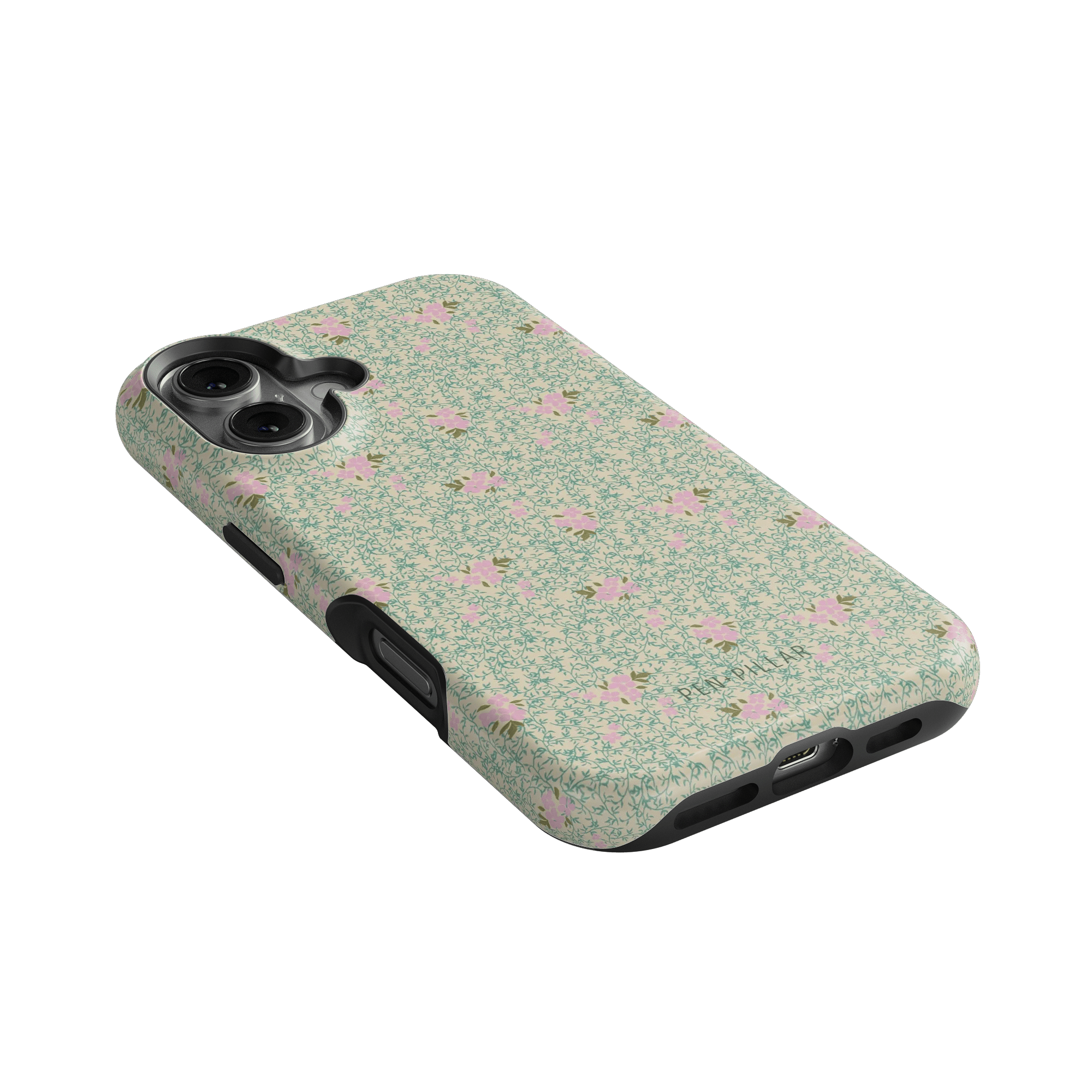 Vine+Bloom iPhone case featuring a floral design with pink flowers on a green background, angled view.