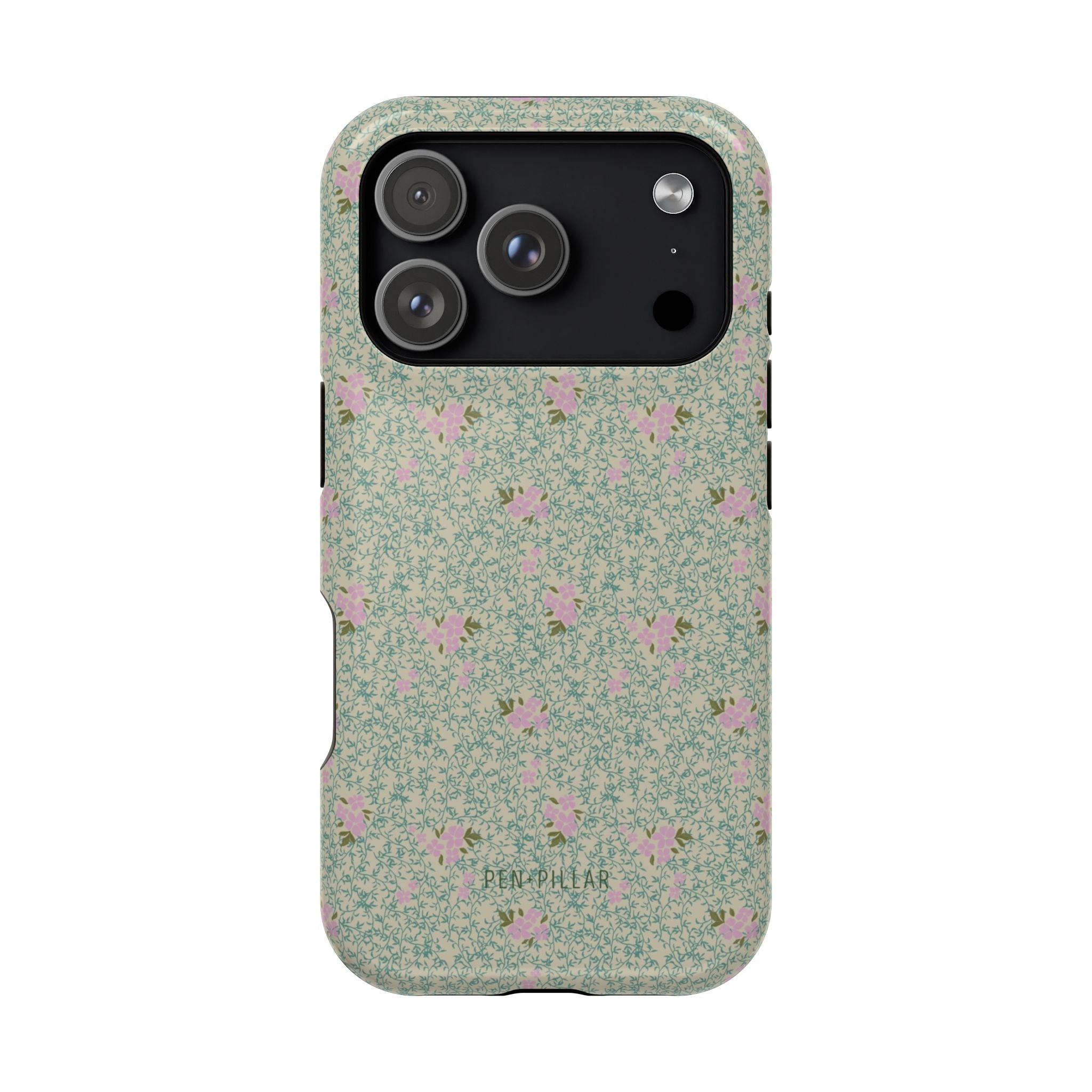Vine+Bloom iPhone case featuring a floral pattern with pink flowers on a green background.