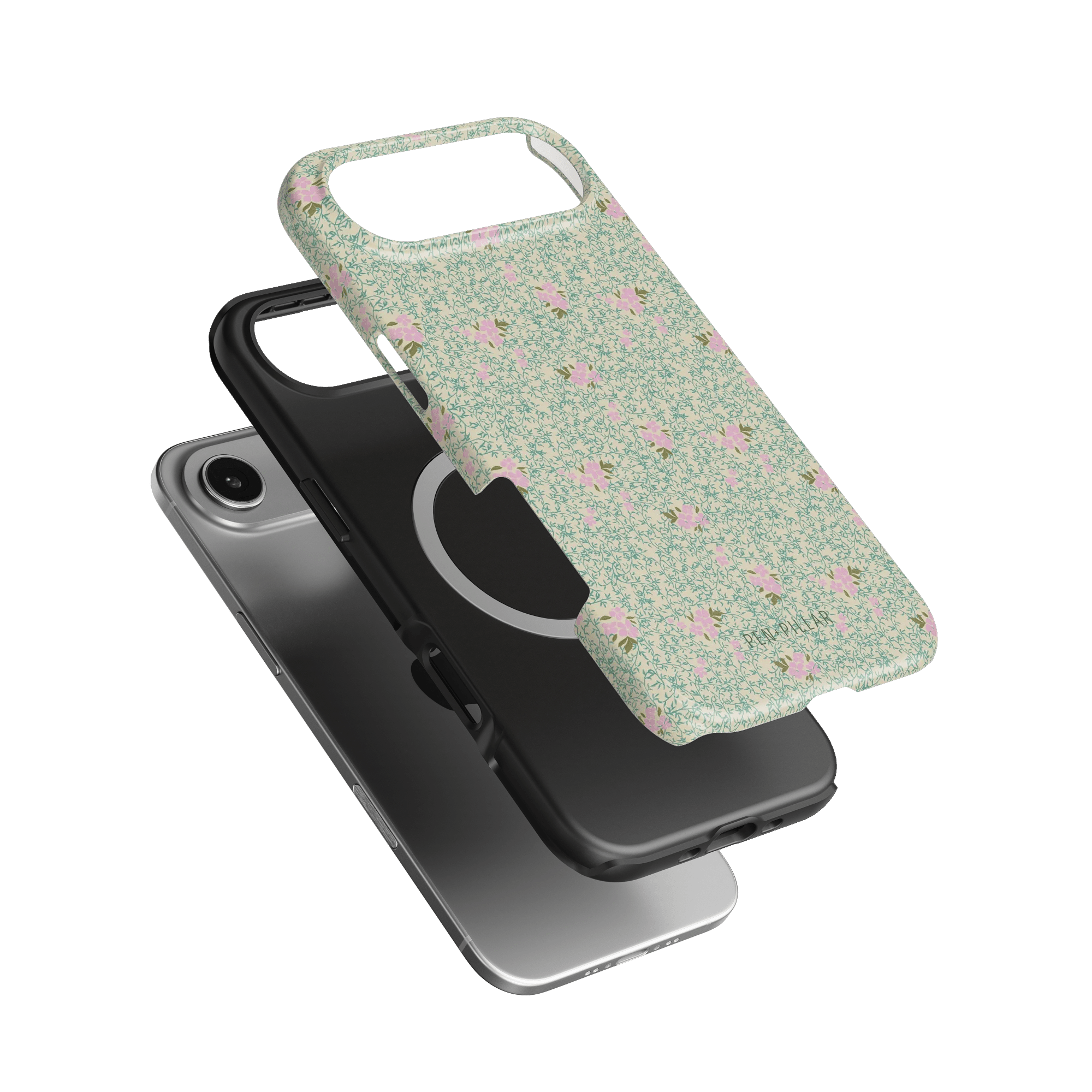 Vine+Bloom iPhone case with a green floral pattern, layered over a black phone case on a plain background.