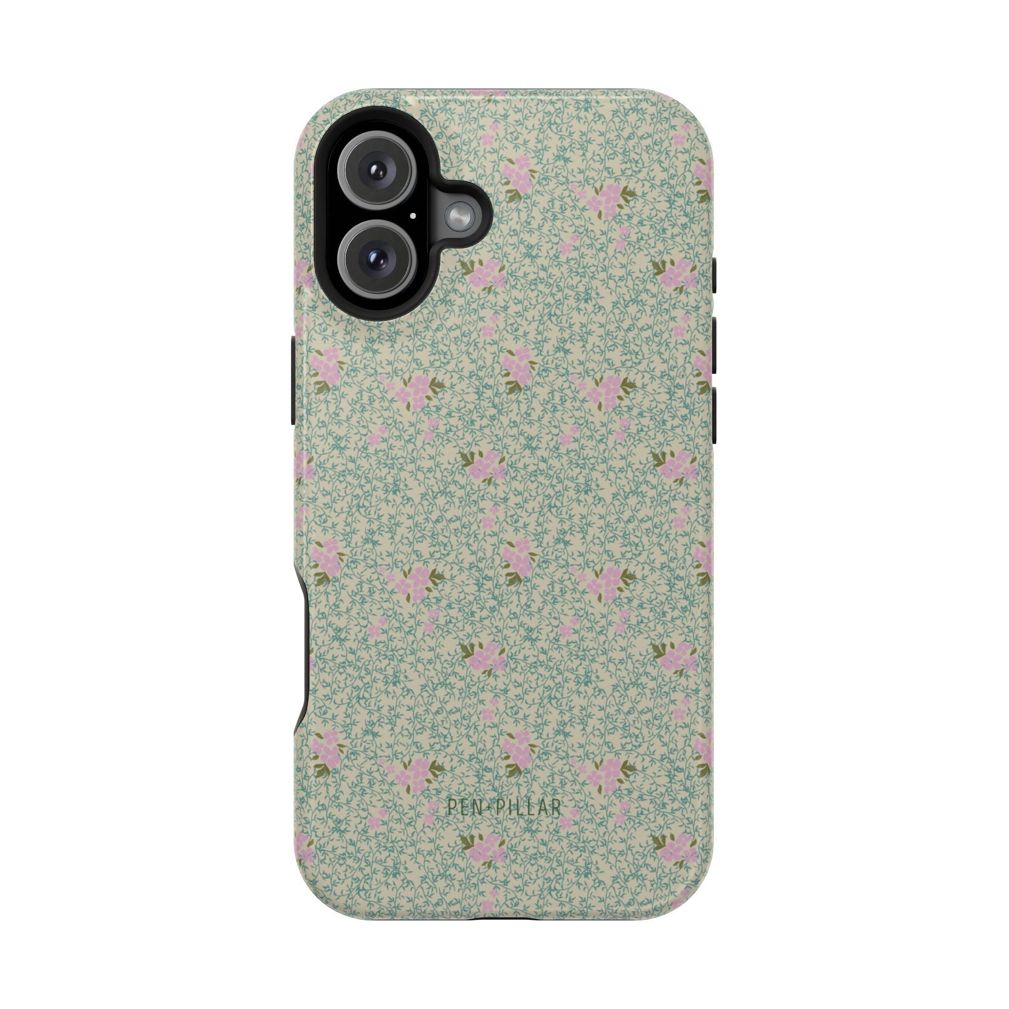 Vine+Bloom iPhone case featuring a floral pattern with pink flowers on a green background.