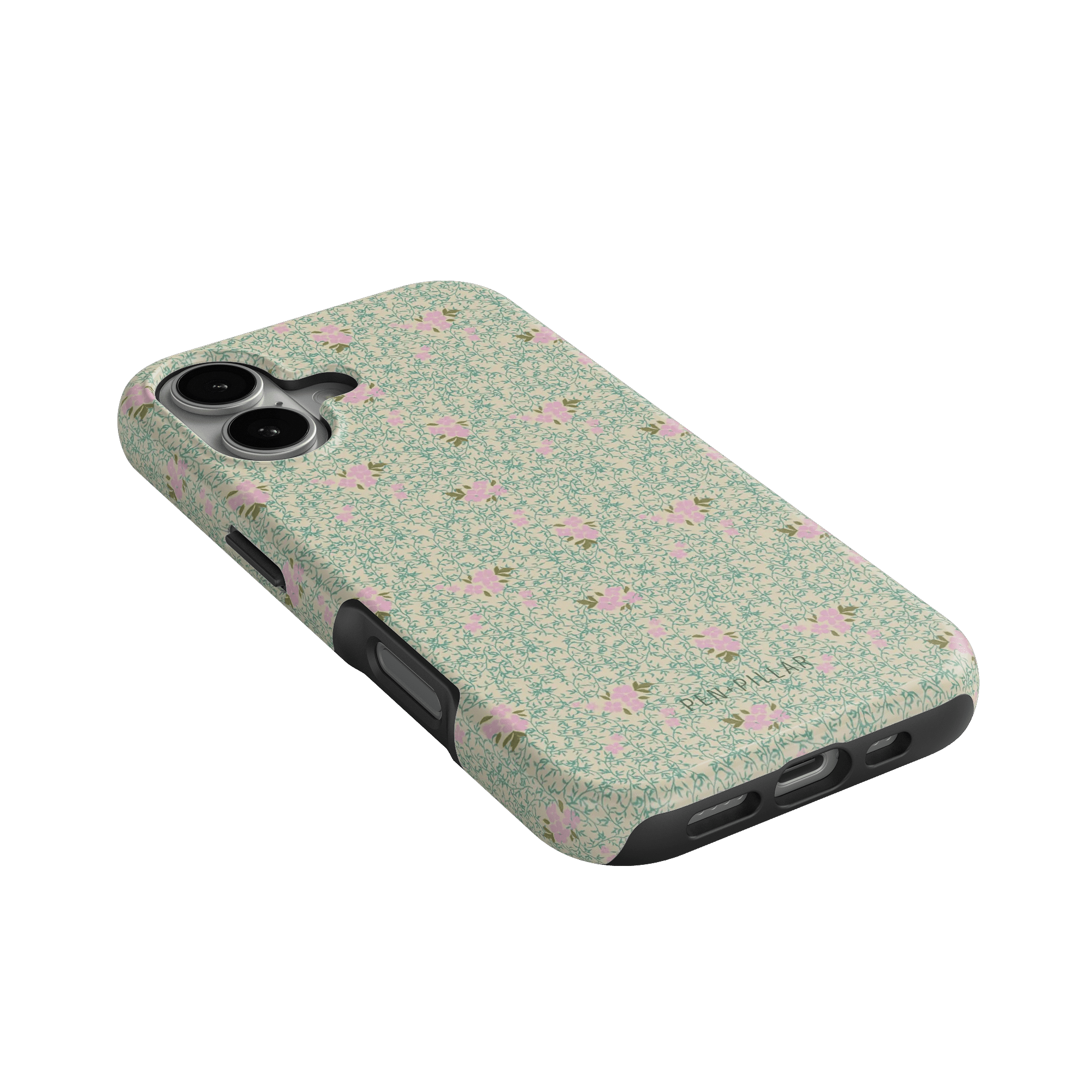 Vine+Bloom iPhone case featuring a floral pattern in pink and green on a slim, protective design.