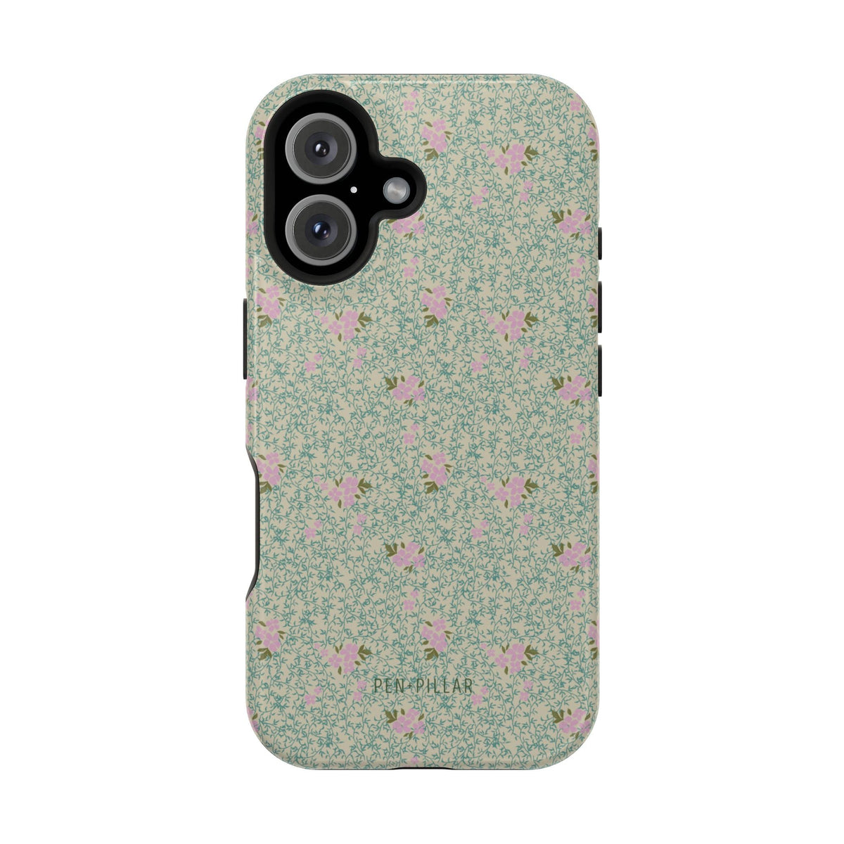 Vine+Bloom iPhone case featuring a green floral pattern with pink butterflies on a textured background.