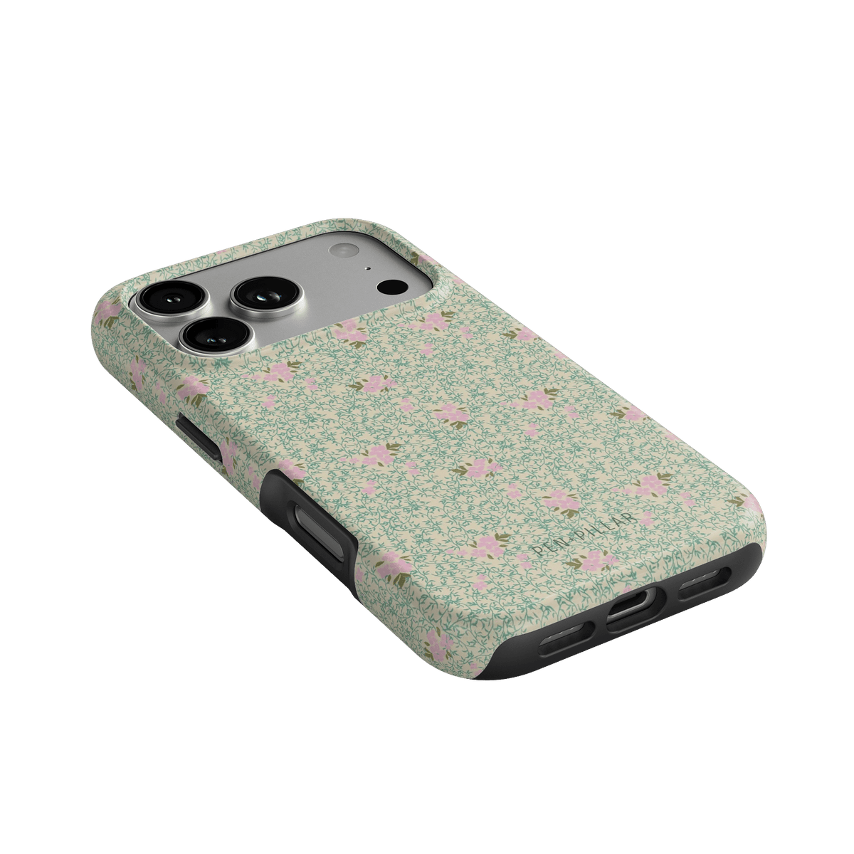 Vine+Bloom iPhone case featuring a floral design with pink flowers on a green background, angled view showing camera cutout.
