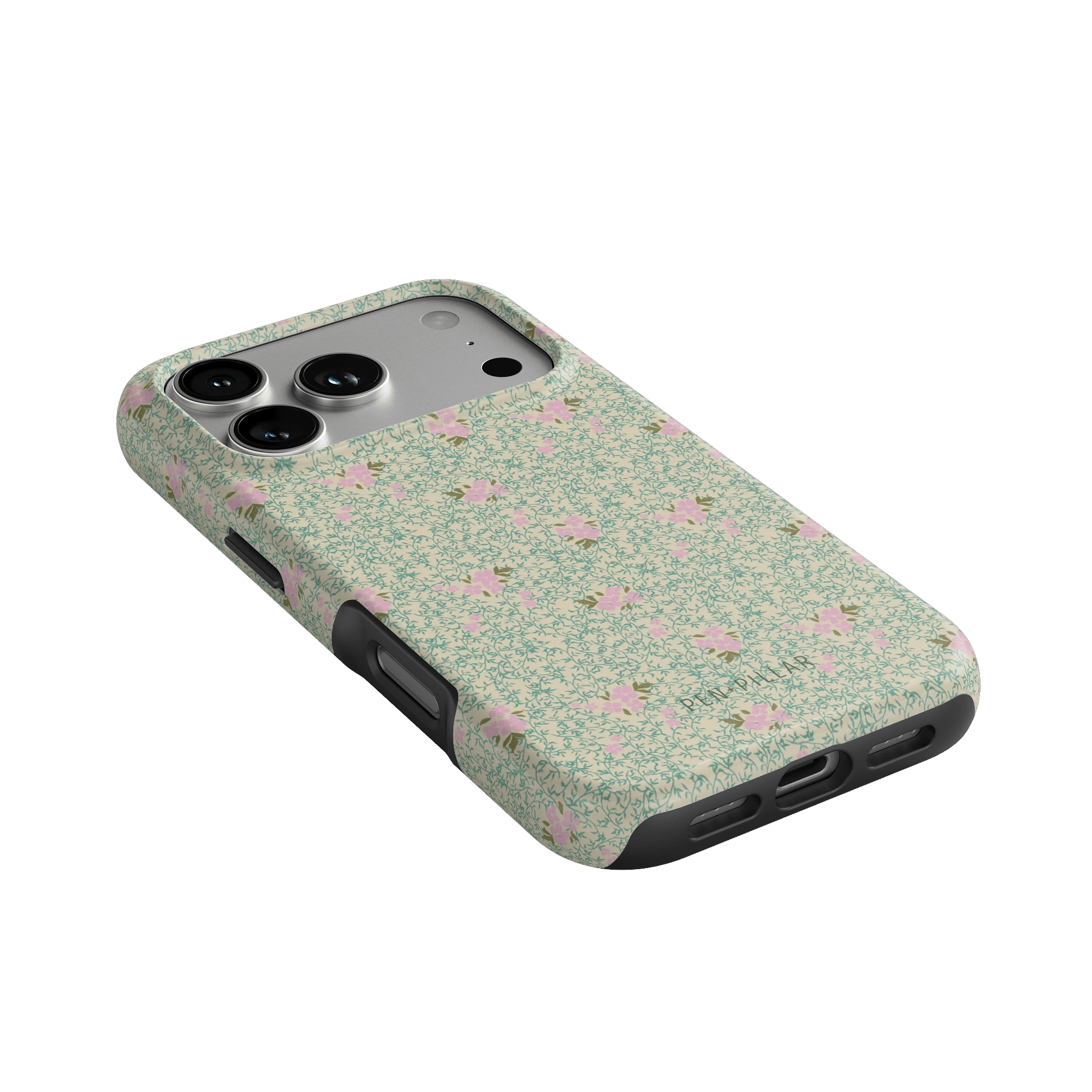 Vine+Bloom iPhone case featuring a floral design with pink flowers on a green background, angled view showing camera cutout.