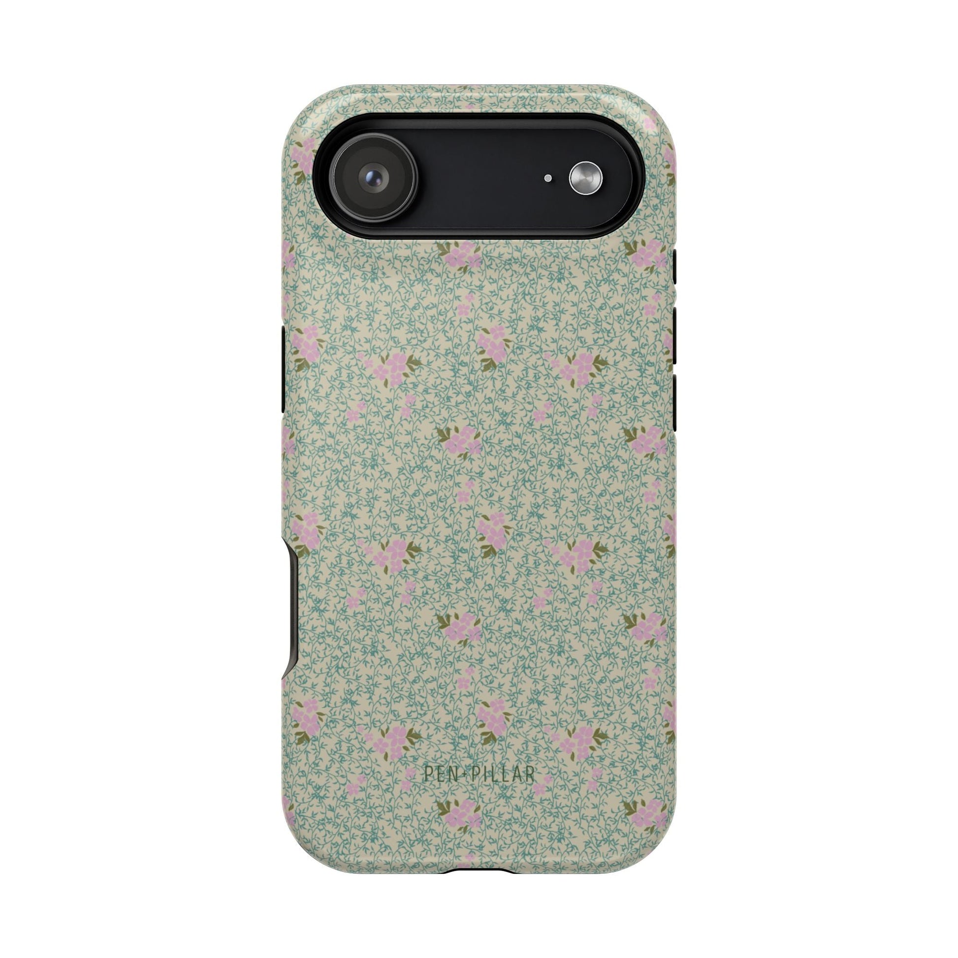 Vine+Bloom iPhone case featuring a floral pattern in pink and green on a textured background.