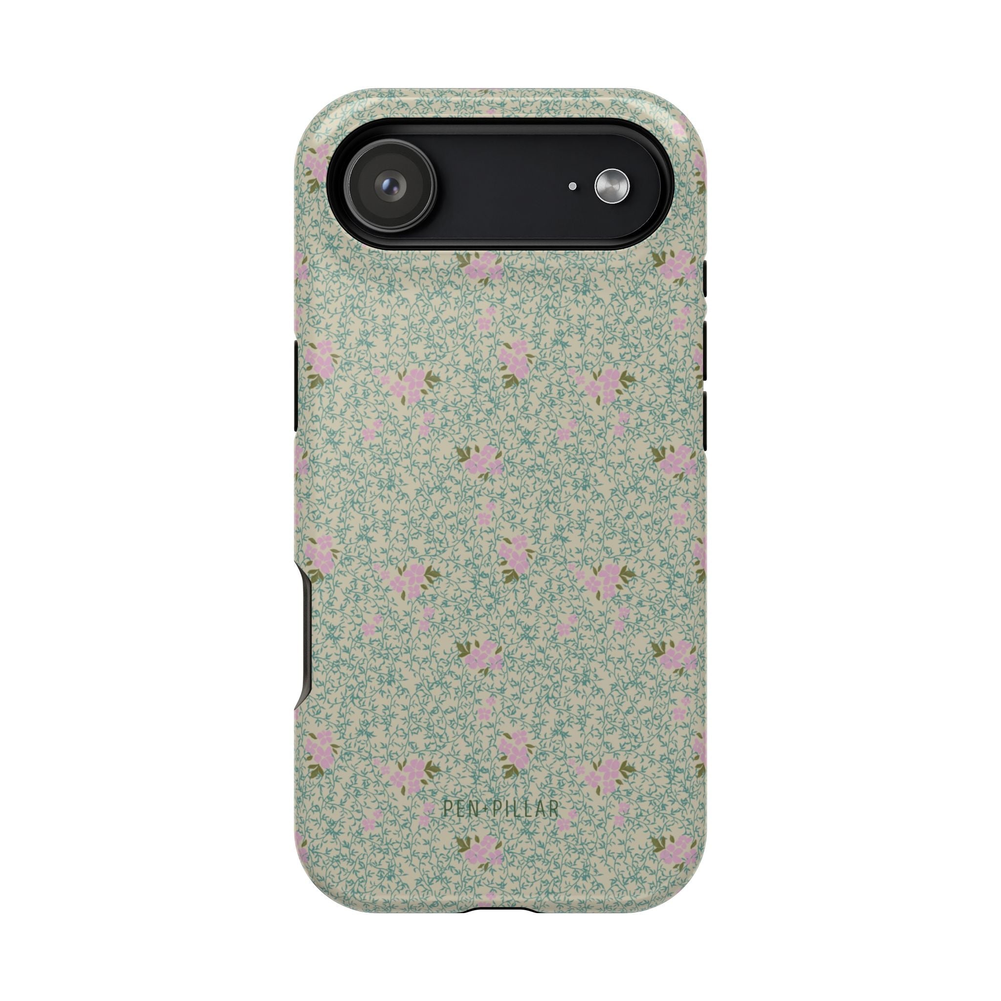 Vine+Bloom iPhone case featuring a floral pattern in pink and green on a textured background.
