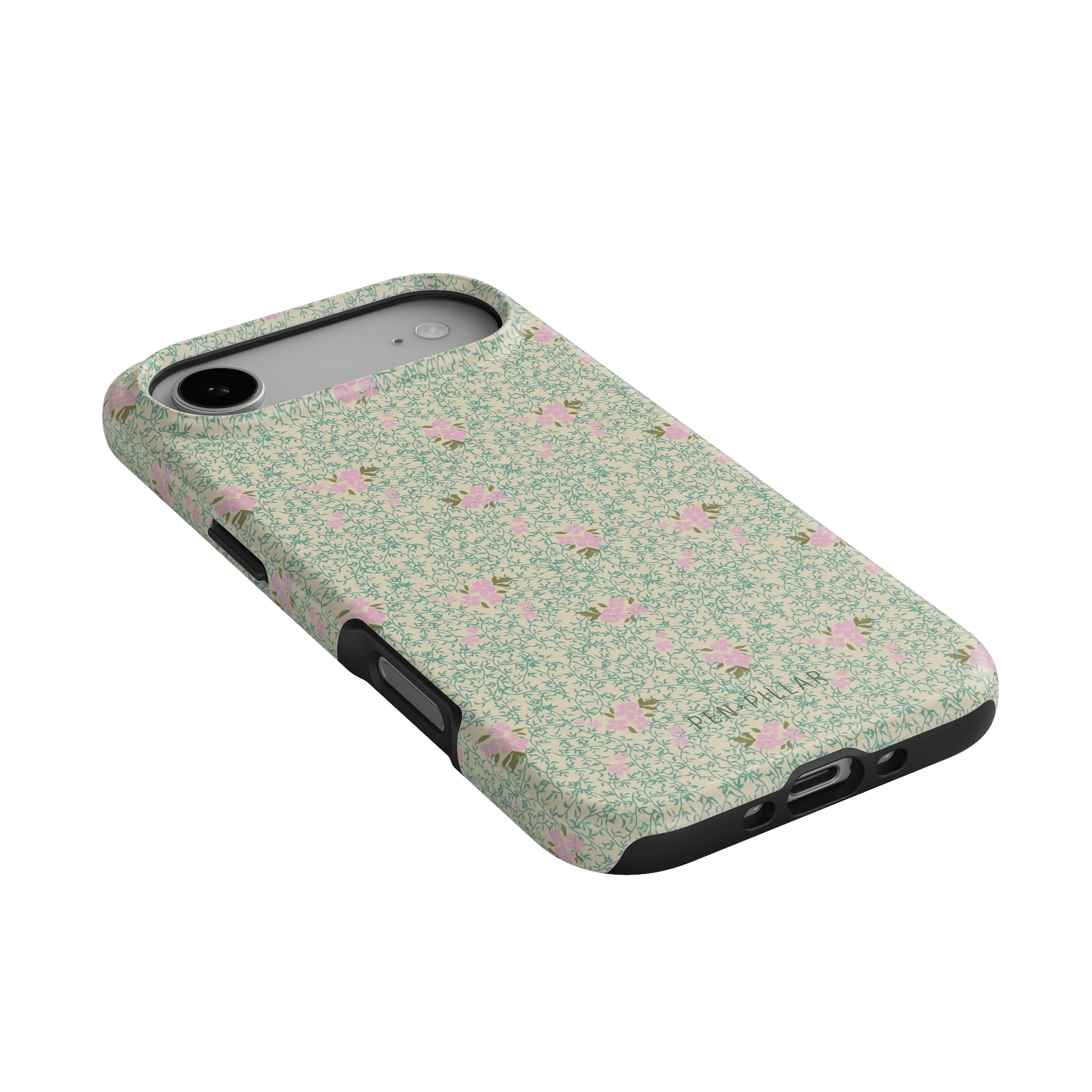 Vine+Bloom iPhone case featuring a green floral pattern with pink flowers, angled view showing buttons and ports.