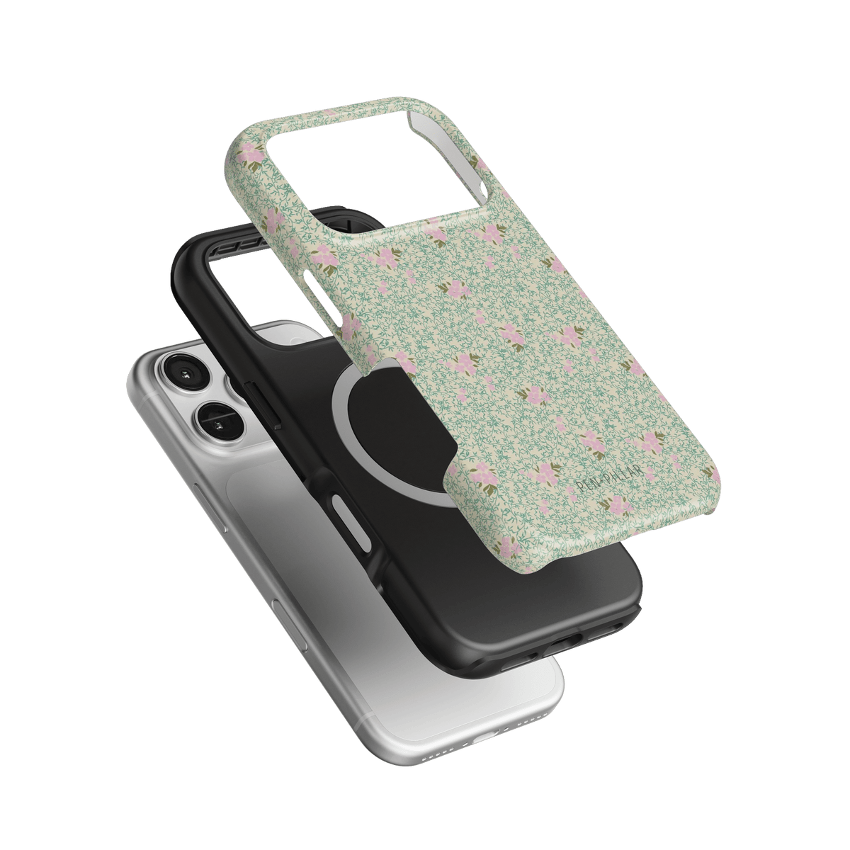 Vine+Bloom iPhone case featuring a green floral design with pink accents, layered over black and clear cases.
