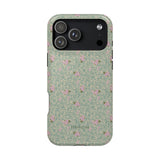 Vine+Bloom iPhone case featuring a floral pattern in pink and green on a light background.