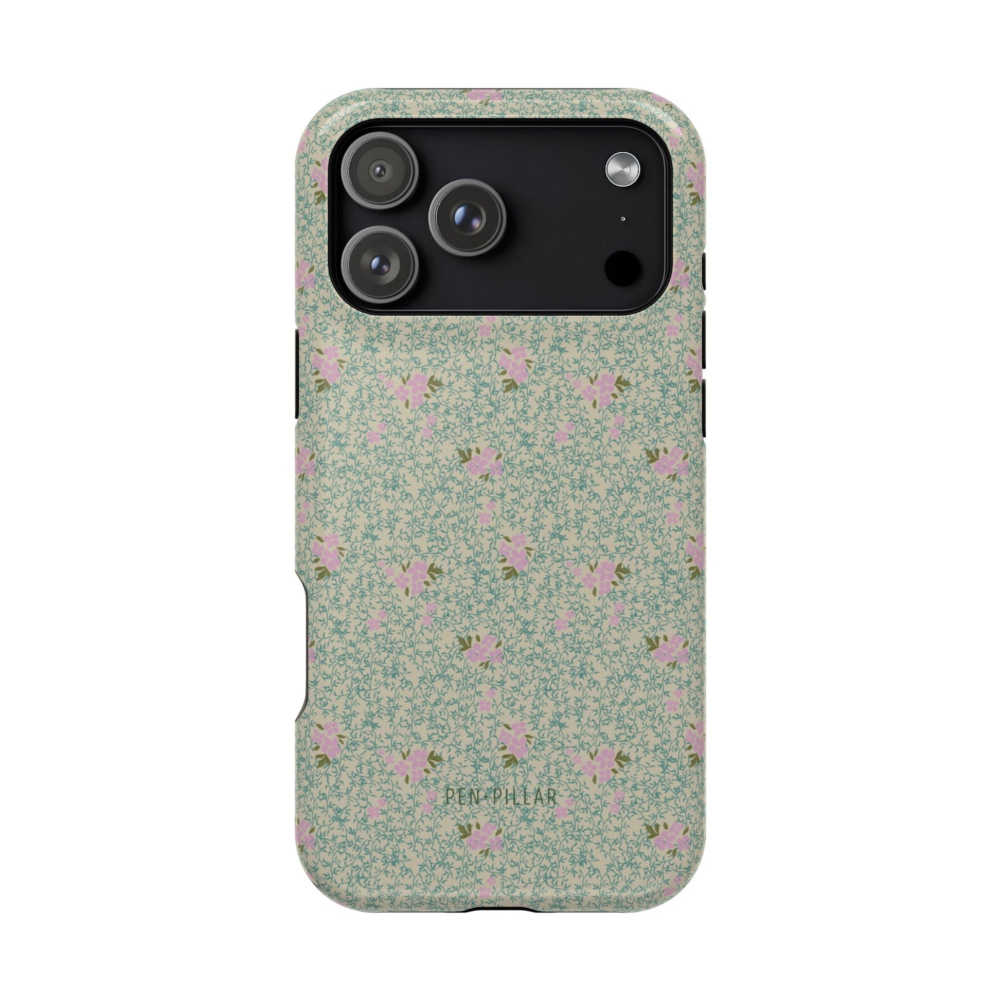 Vine+Bloom iPhone case featuring a floral pattern in pink and green on a light background.