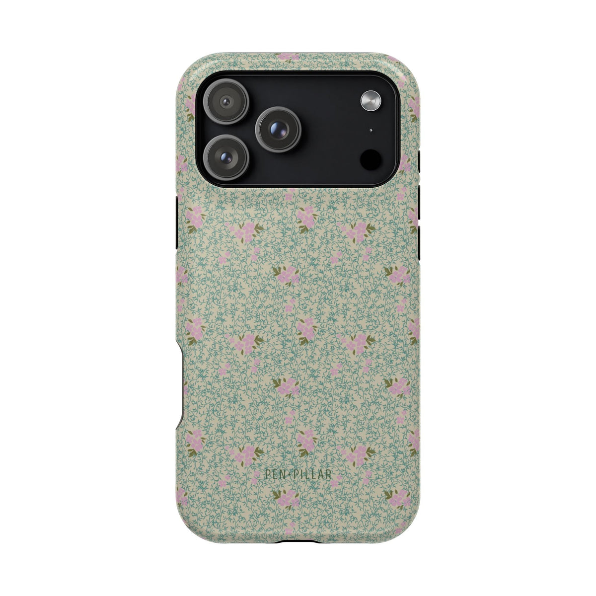 Vine+Bloom iPhone case featuring a floral pattern in pink and green on a light background.