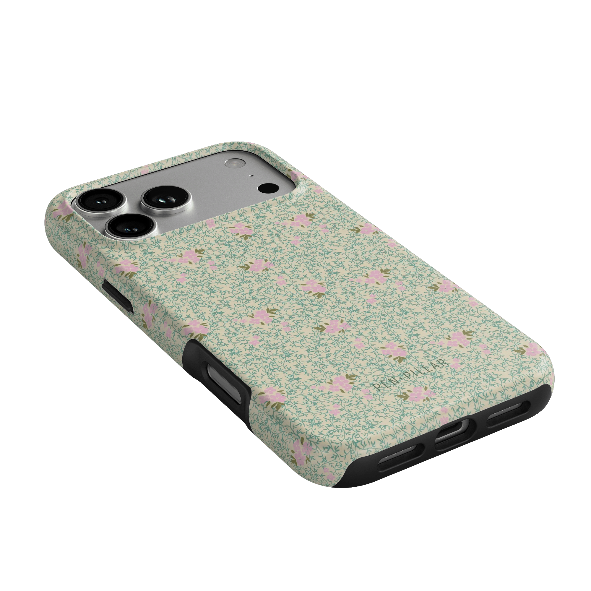 Vine+Bloom iPhone case featuring a floral pattern with pink flowers on a green background, angled view.