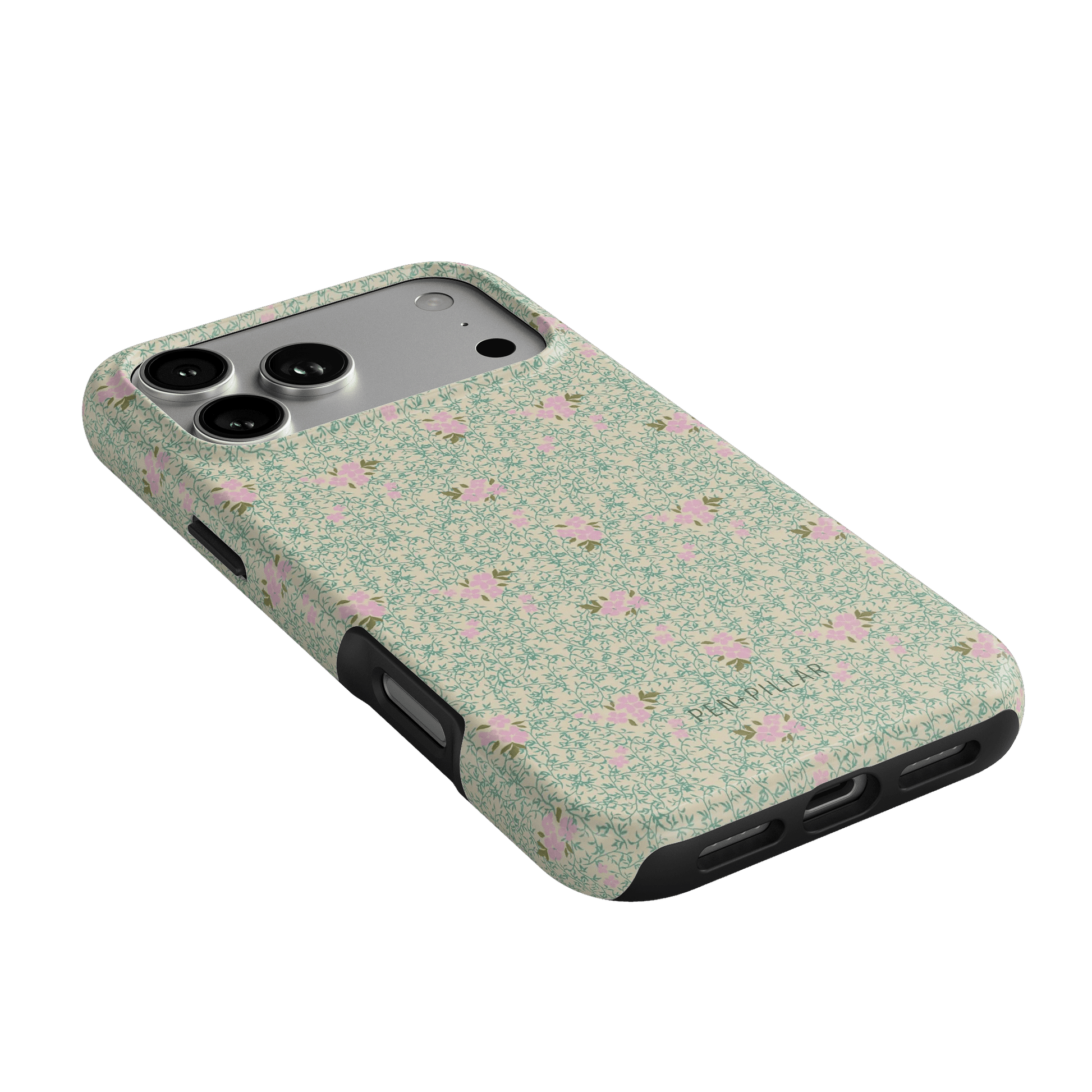 Vine+Bloom iPhone case featuring a floral pattern with pink flowers on a green background, angled view.