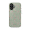 Vine+Bloom iPhone case featuring a floral pattern with pink flowers on a green background.