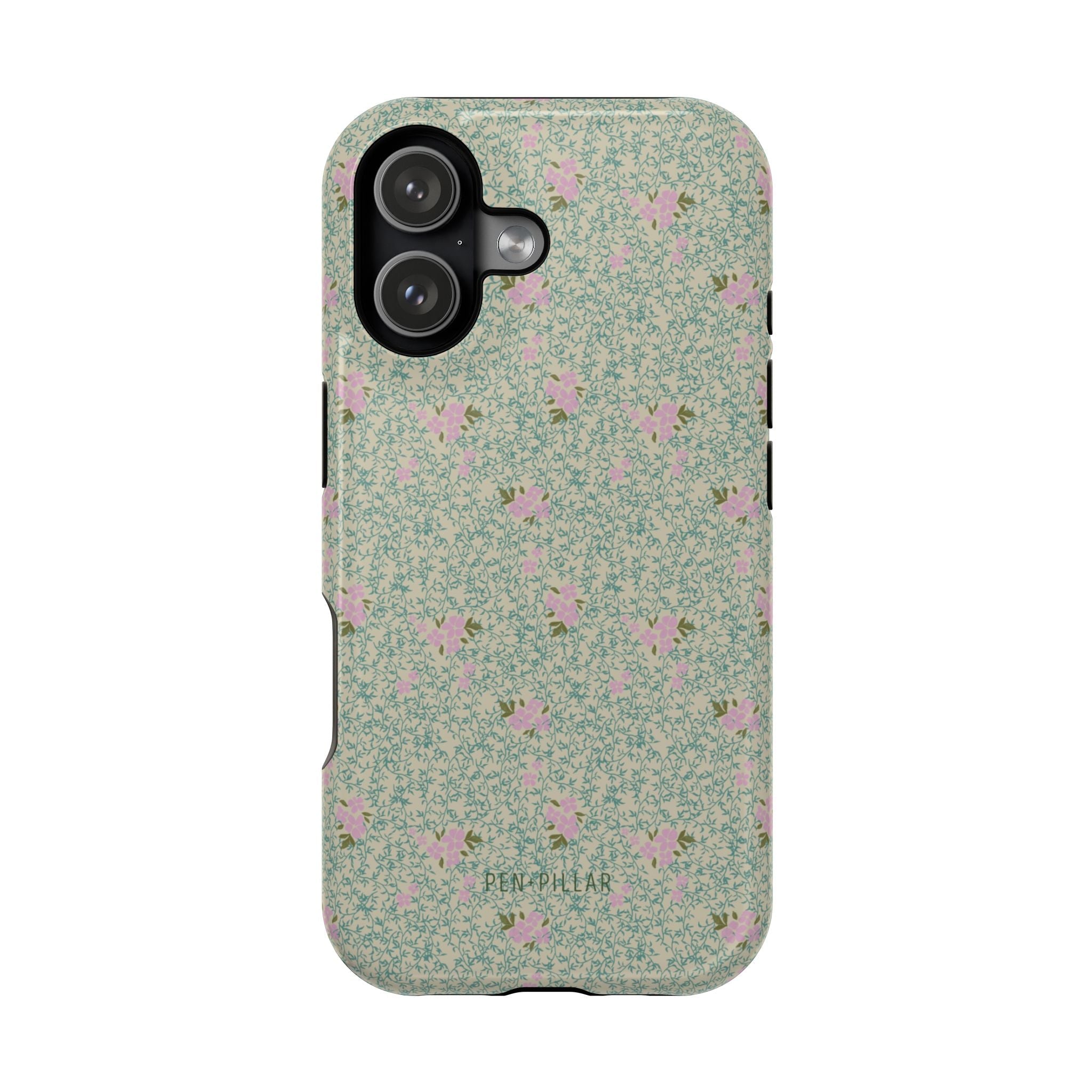Vine+Bloom iPhone case featuring a floral pattern with pink flowers on a green background.
