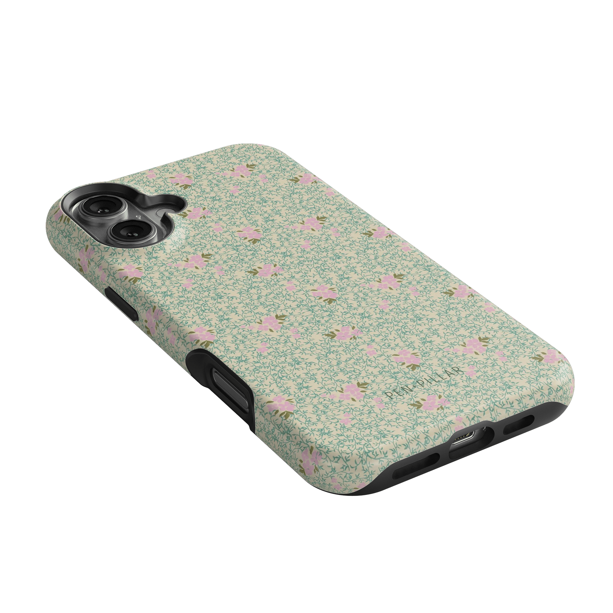 Vine+Bloom iPhone case featuring a floral pattern with pink flowers on a light green background.