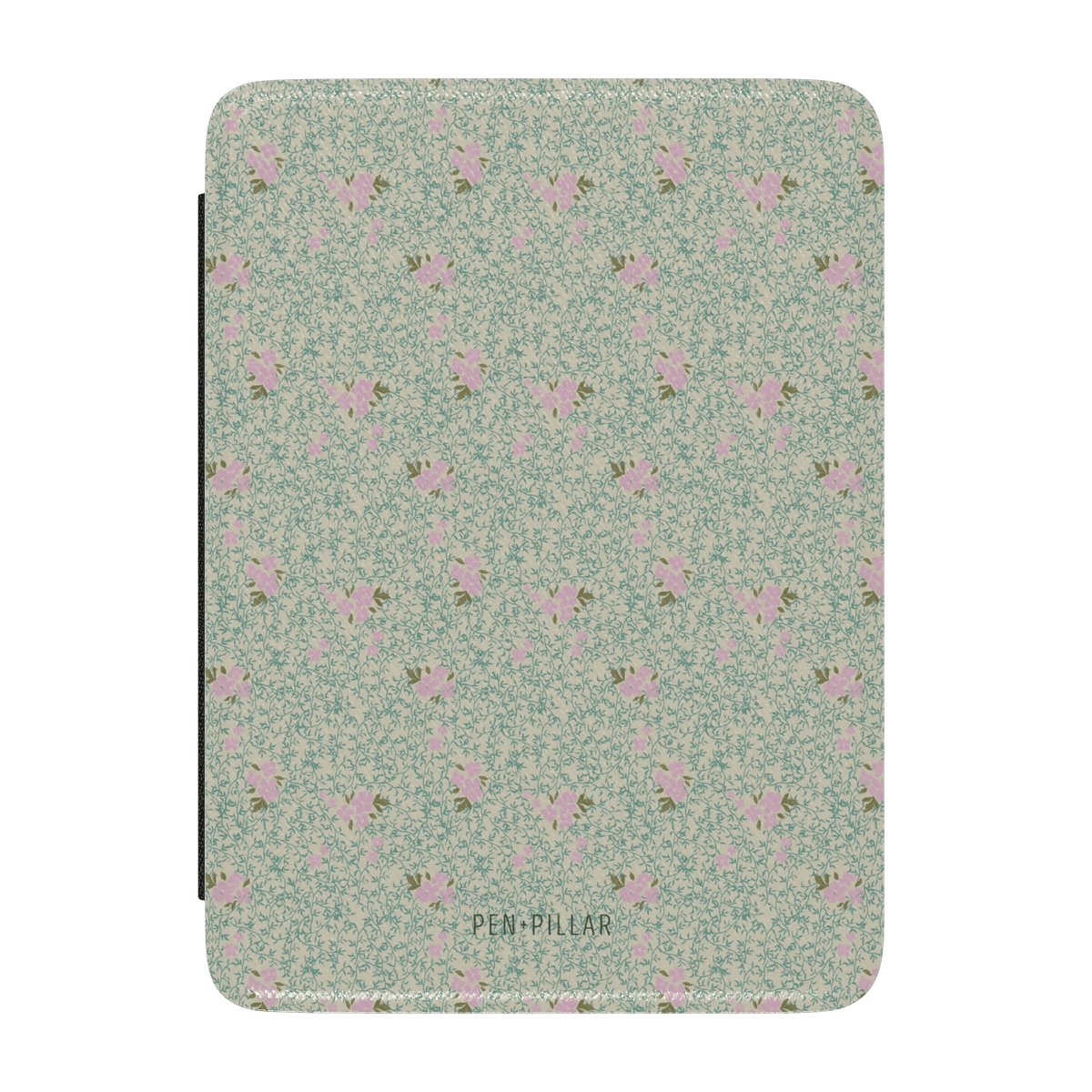 Vine+Bloom Kindle case featuring a floral pattern in pink and green on a light background.