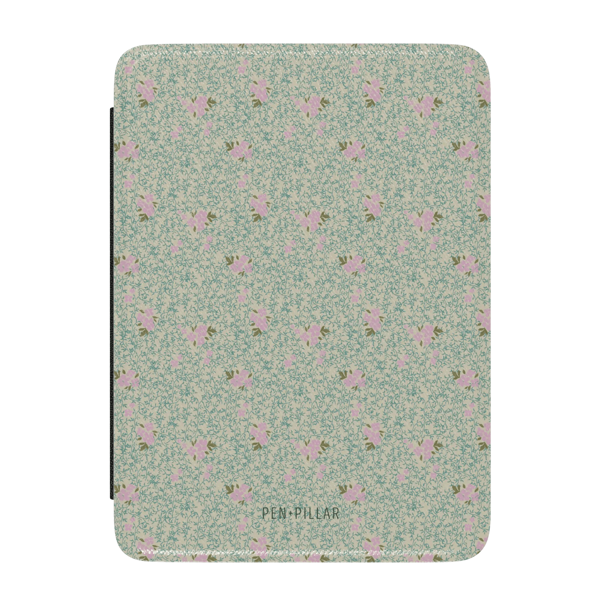 Vine+Bloom Kindle case featuring a floral pattern in pink and green on a light background.
