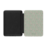 Vine+Bloom Kindle case with a floral pattern in light green and pink, featuring a black interior.