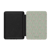 Vine+Bloom Kindle case with a floral pattern in light green and pink, featuring a black interior.