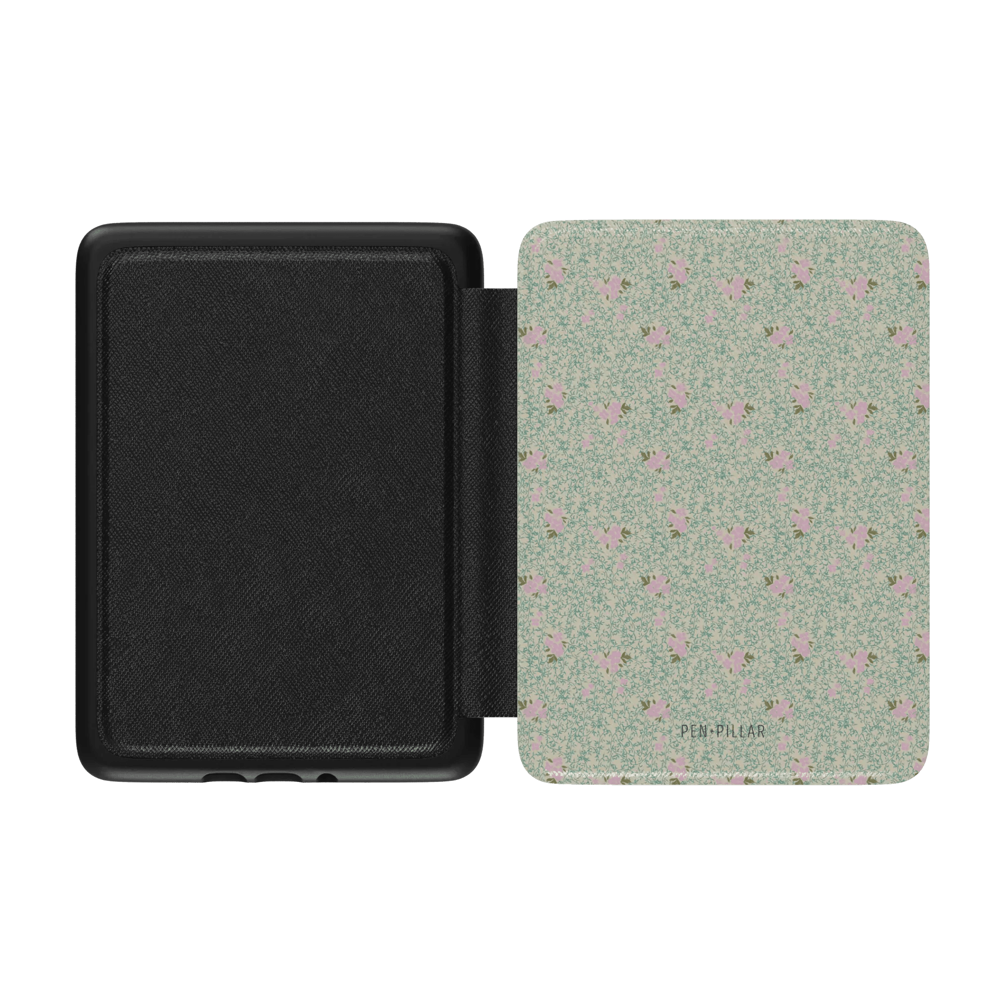 Vine+Bloom Kindle case with a floral pattern in light green and pink, featuring a black interior.