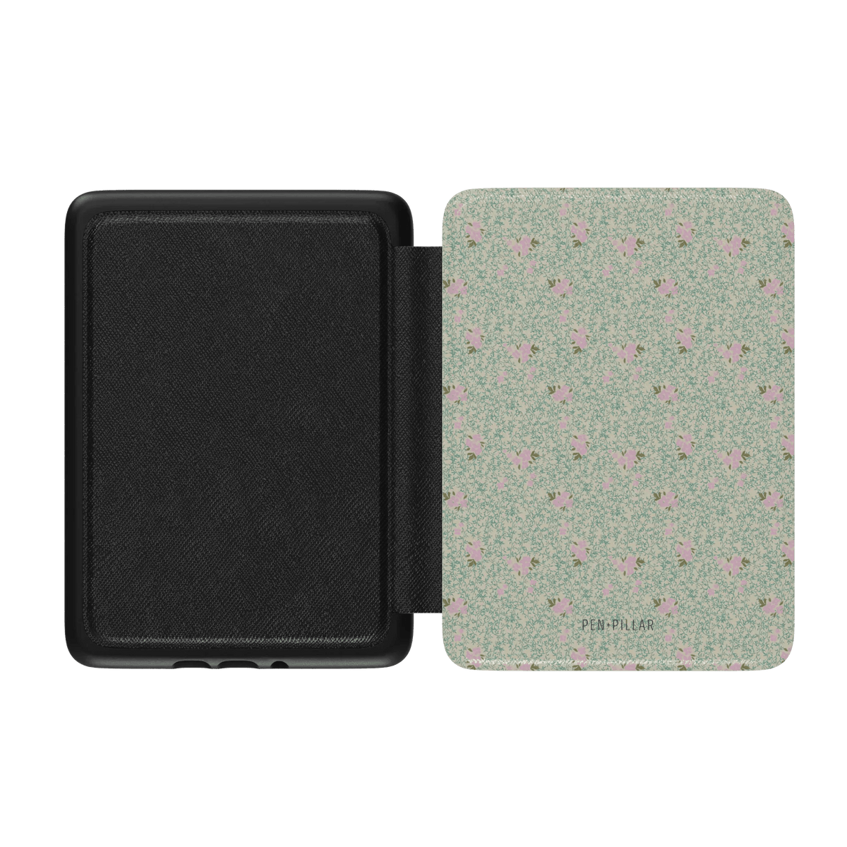 Vine+Bloom Kindle case with a floral pattern in light green and pink, featuring a black interior.