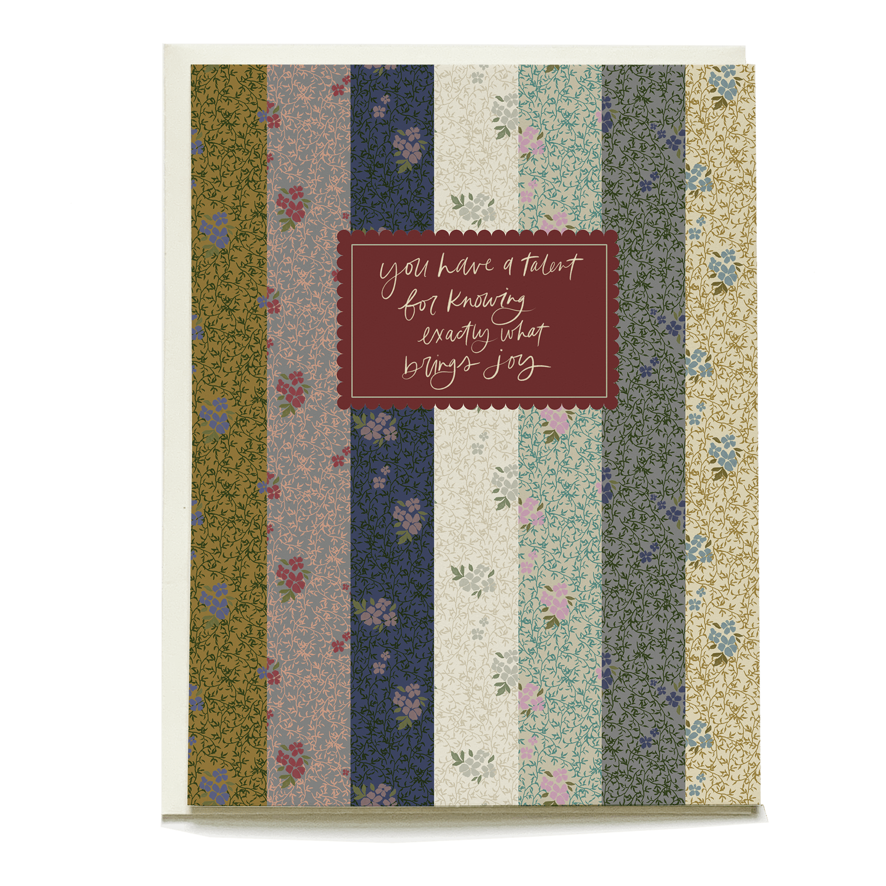 Vine+Bloom stripes thank you card featuring floral patterns and a maroon center with white text.