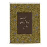 Vine+Bloom sympathy card featuring a brown center with the text "may peace find you" surrounded by floral patterns.