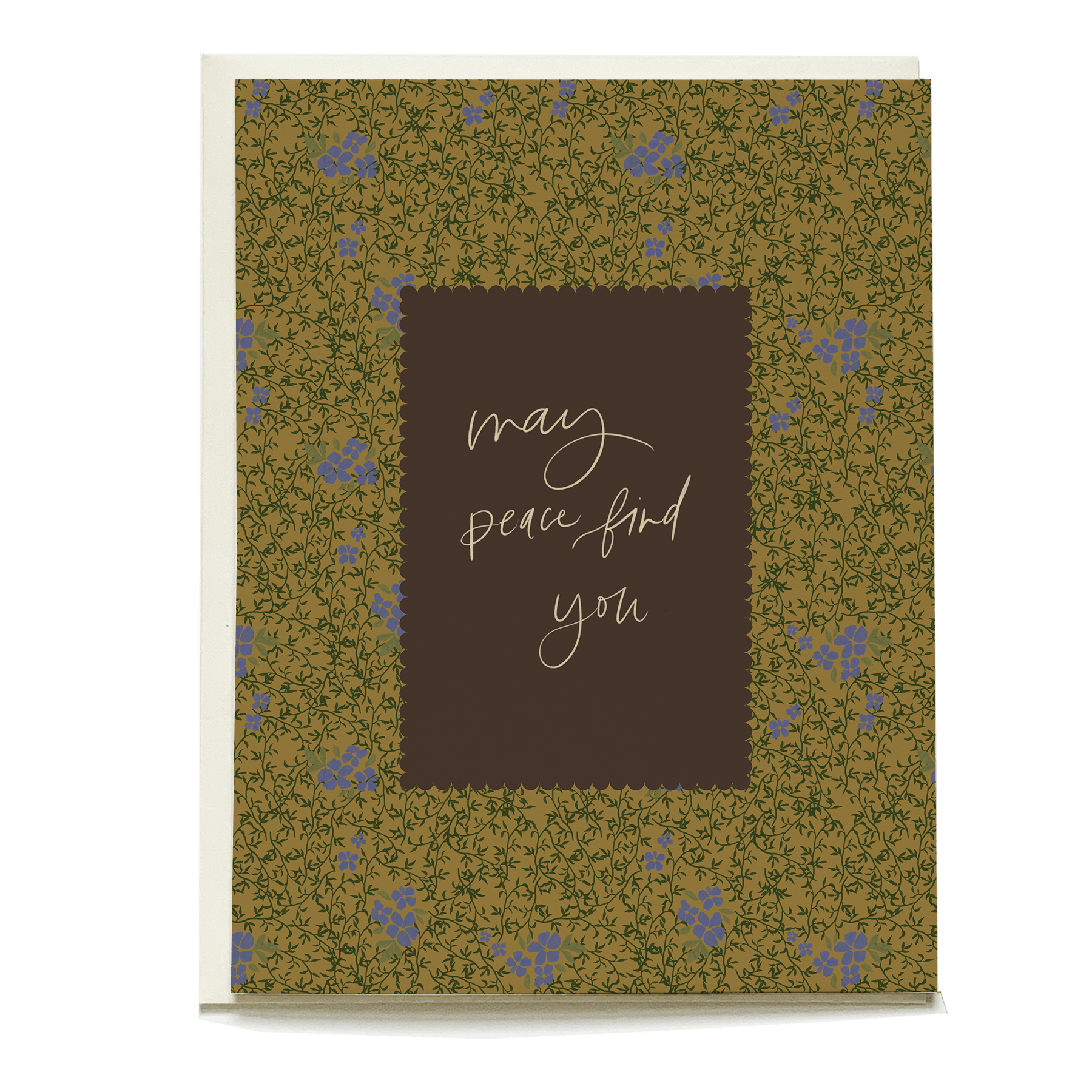 Vine+Bloom sympathy card featuring a brown center with the text "may peace find you" surrounded by floral patterns.