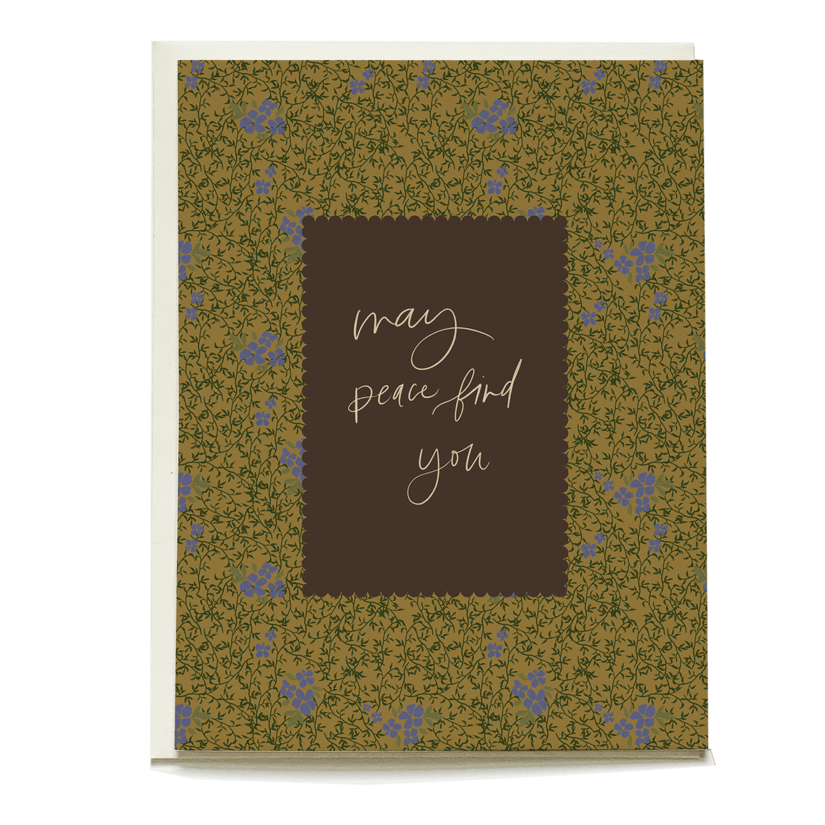 Vine+Bloom sympathy card featuring a brown center with the text "may peace find you" surrounded by floral patterns.
