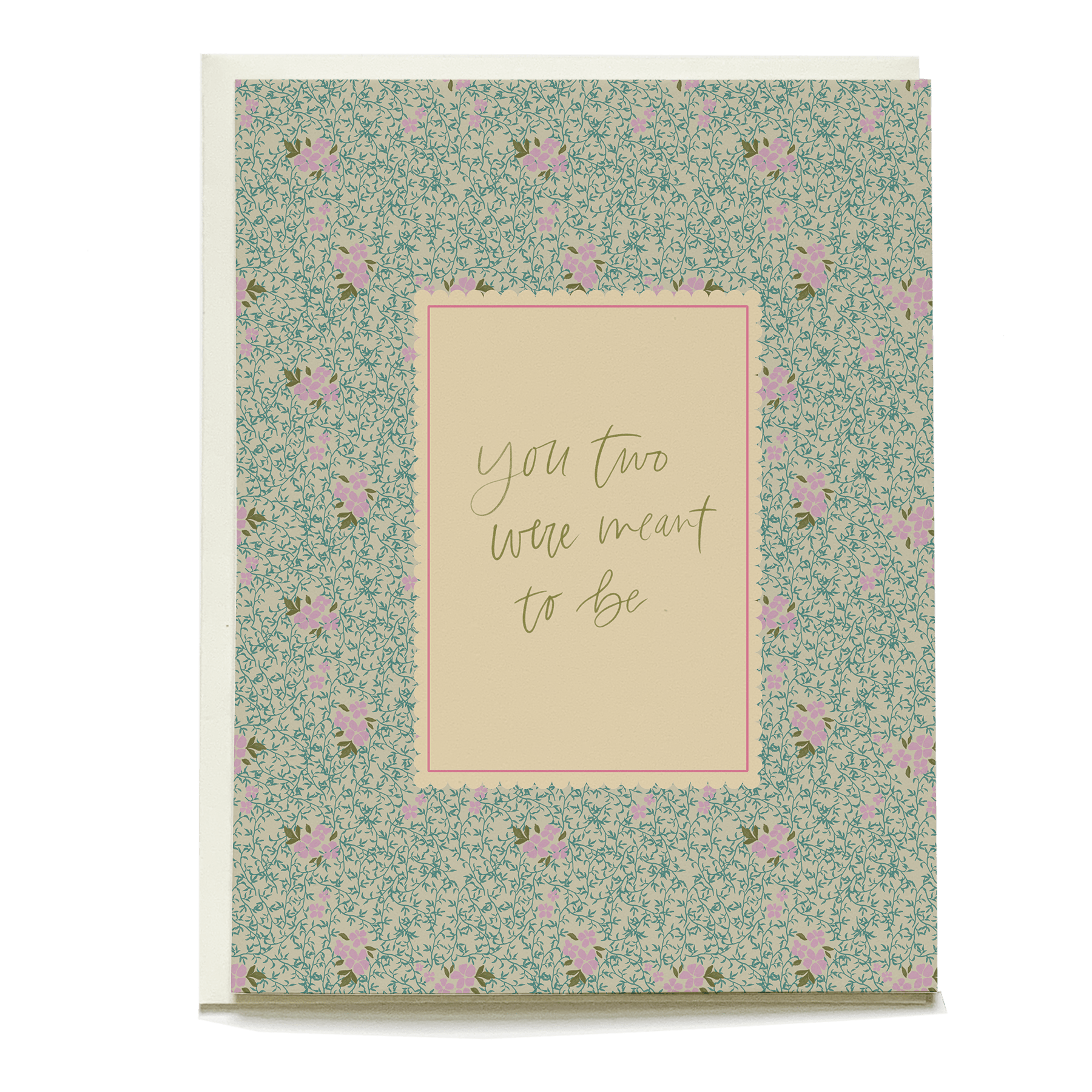 Vine+Bloom wedding card featuring a floral pattern with a central message in gold script: "You two were meant to be.