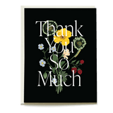 Vintage botanical thank you card featuring yellow flowers and greenery on a black background with white text.