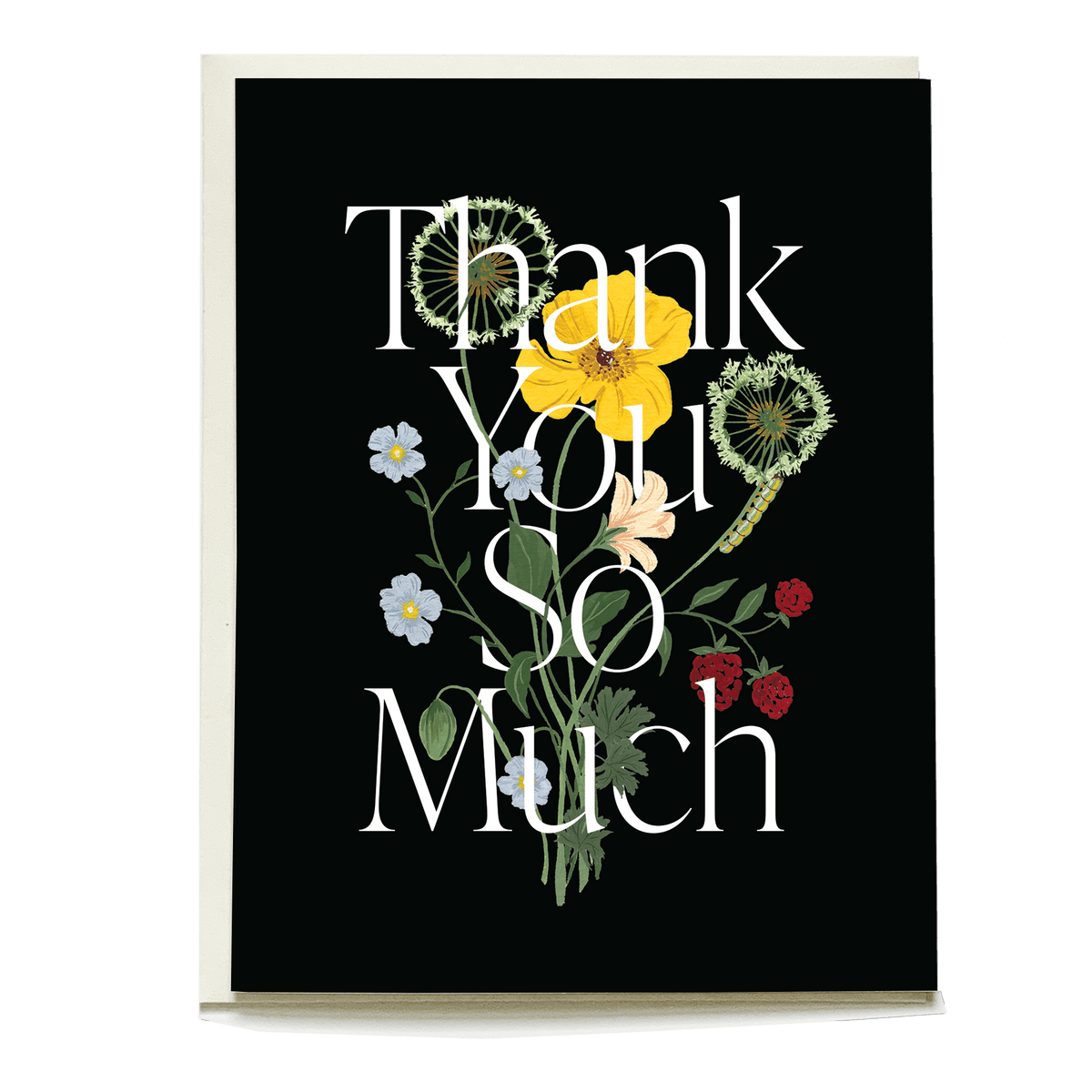 Vintage botanical thank you card featuring yellow flowers and greenery on a black background with white text.