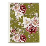 Vintage floral blank card featuring a green background with pink and white flowers and delicate greenery.