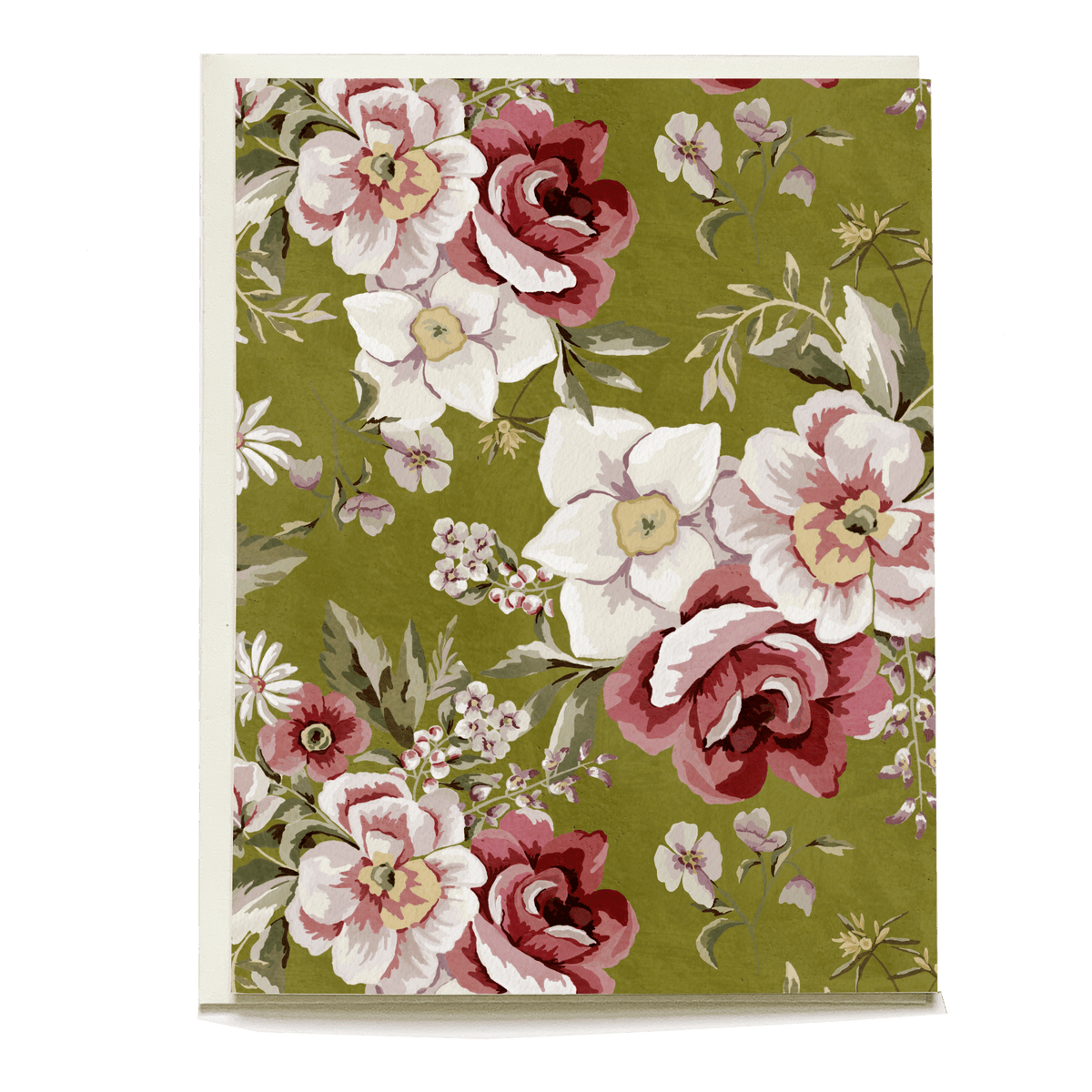 Vintage floral blank card featuring a green background with pink and white flowers and delicate greenery.