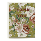 Vintage floral thank you card featuring white and pink flowers on a green background with bold red text.