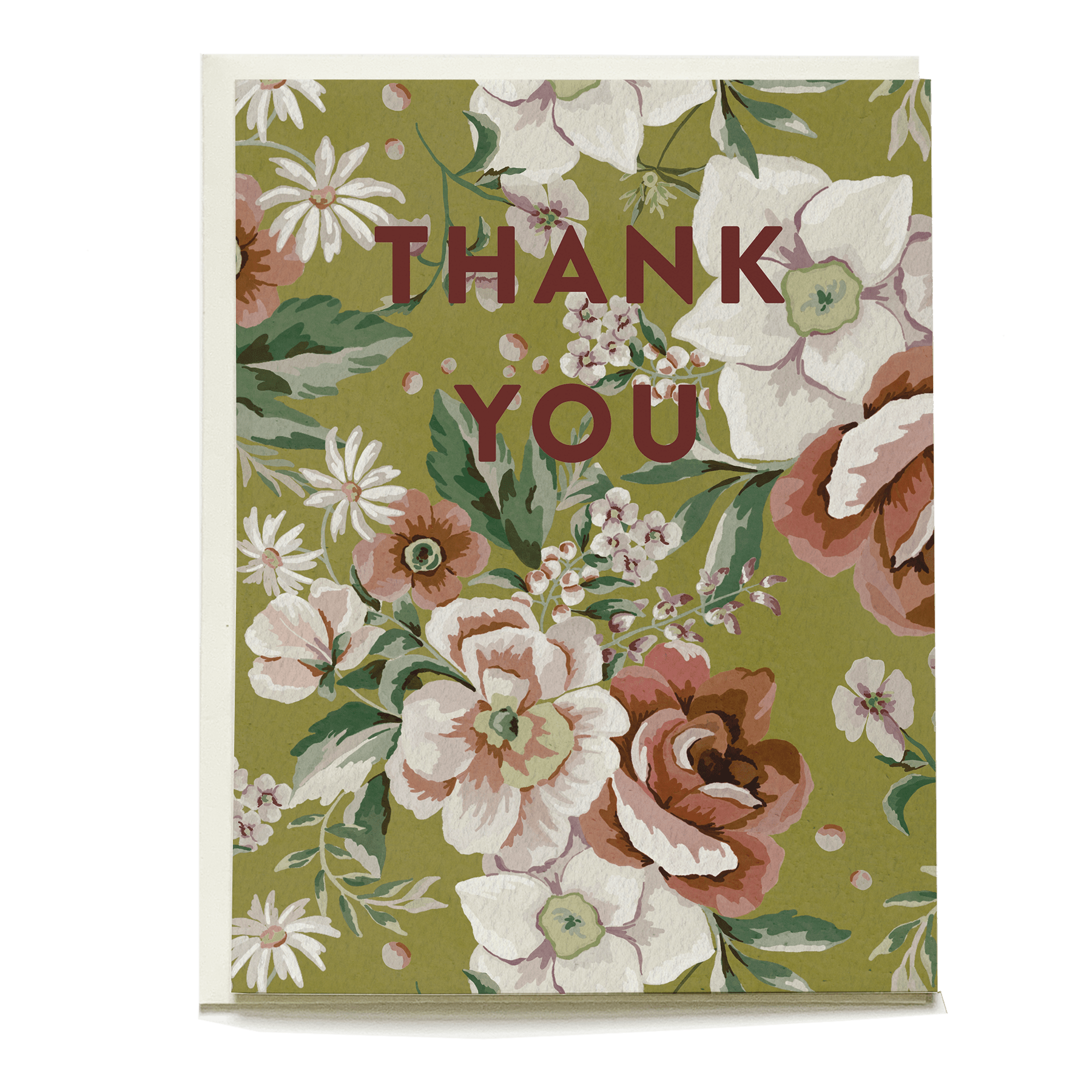Vintage floral thank you card featuring white and pink flowers on a green background with bold red text.