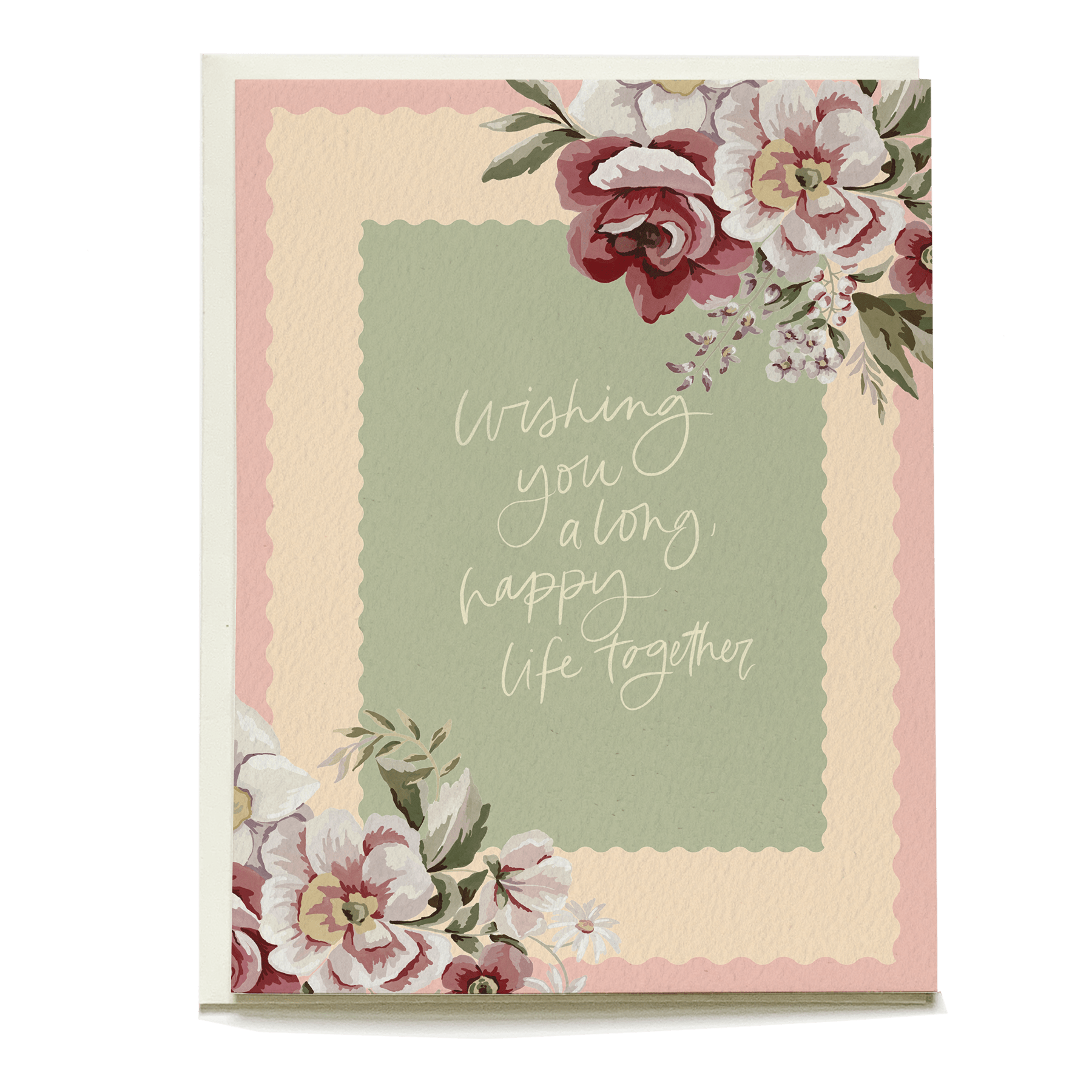 Vintage floral wedding card featuring pink and cream flowers with a green center and handwritten message.