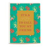 Vintage sprigs friendship card featuring floral patterns and the text "It's a joy to call you my friend" on a teal backgro...