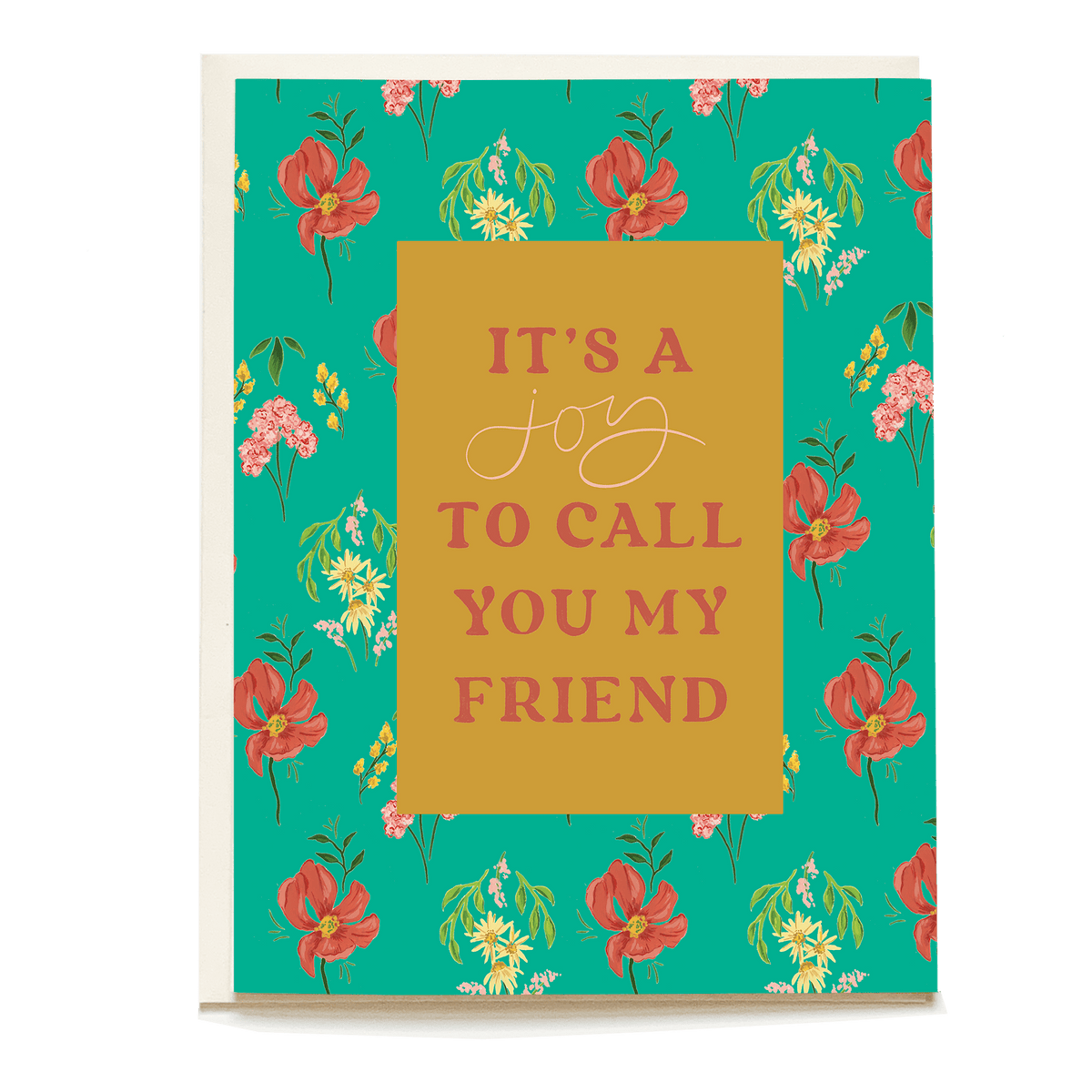 Vintage sprigs friendship card featuring floral patterns and the text "It's a joy to call you my friend" on a teal backgro...