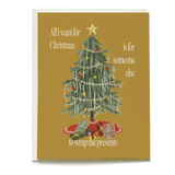 Vintage tree holiday card featuring a decorated Christmas tree with gifts underneath and a gold background.