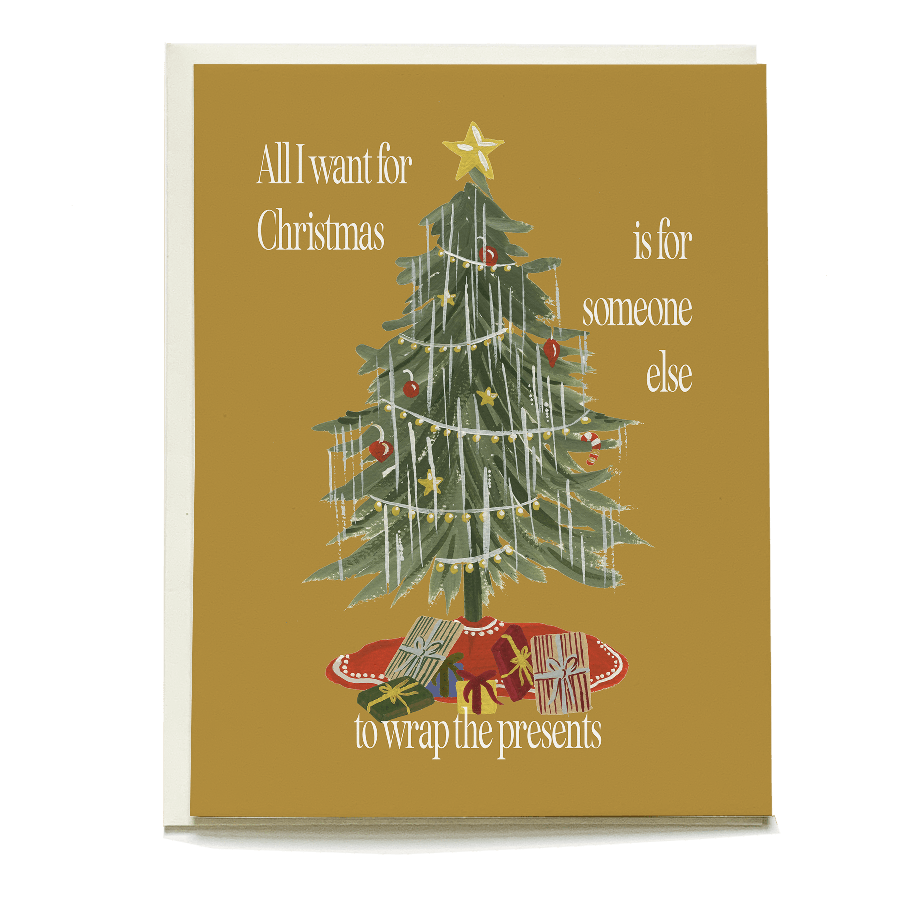 Vintage tree holiday card featuring a decorated Christmas tree with gifts underneath and a gold background.