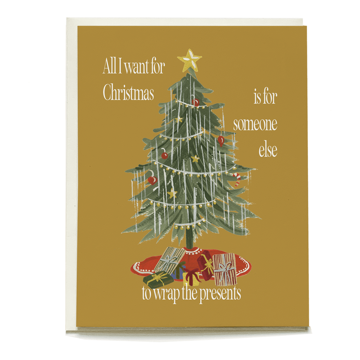 Vintage tree holiday card featuring a decorated Christmas tree with gifts underneath and a gold background.