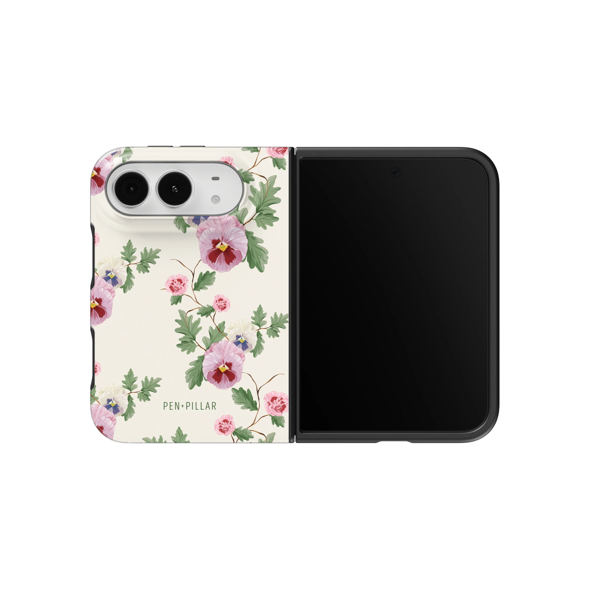 Viola iPhone 18 Duo case on an unfolded iPhone 18 Duo, back and screen side by side: pink and purple pansies with green leaves on cream