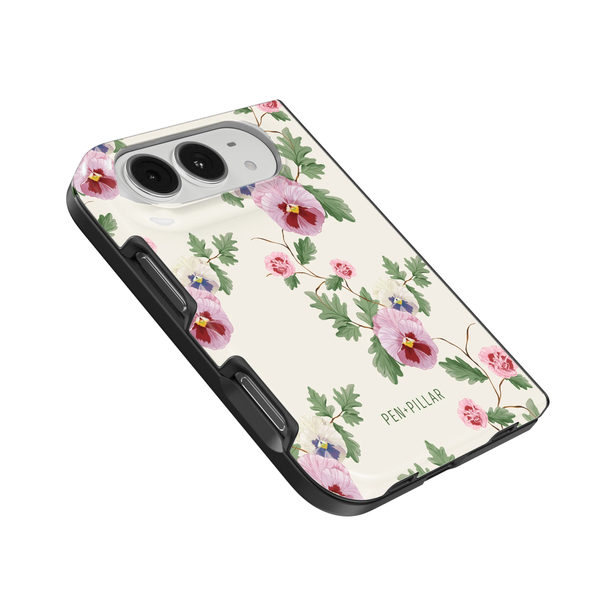 Viola iPhone 18 Duo case, angled view showing the camera surround and side buttons