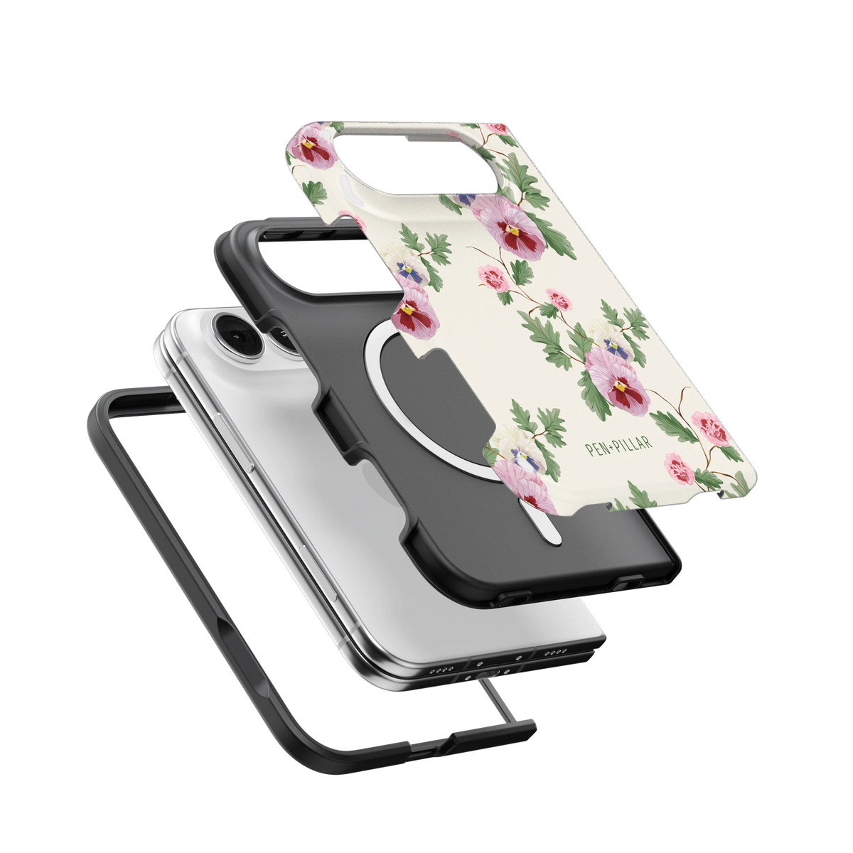 Viola iPhone 18 Duo case, exploded view of the printed shell, black inner layer with MagSafe ring, and phone