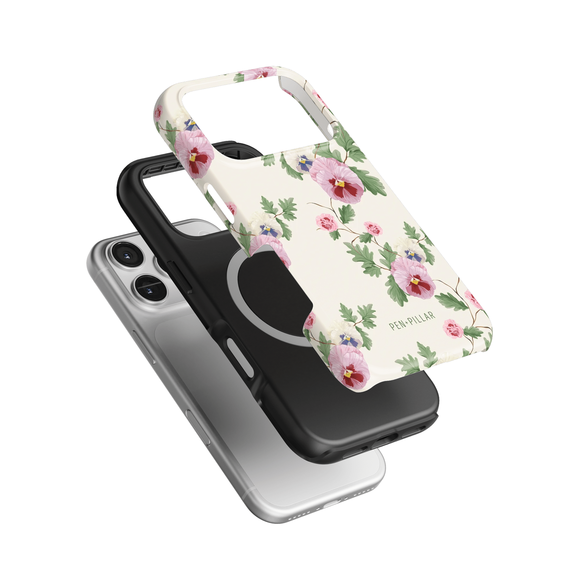 Viola iPhone case featuring a floral design with pink and purple flowers on a cream background, stacked with two other cases.