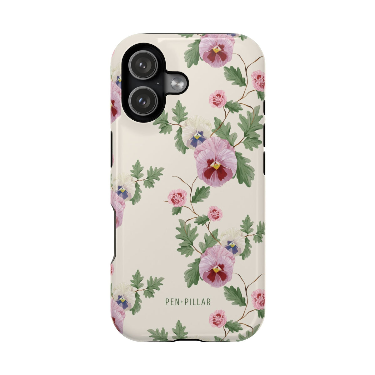 Viola iPhone case featuring a floral design with pink and purple flowers on a light background.